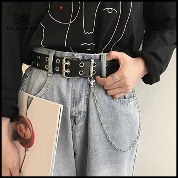 PU Leather Double Grommet Punk Studded Belt for Jeans main image 7